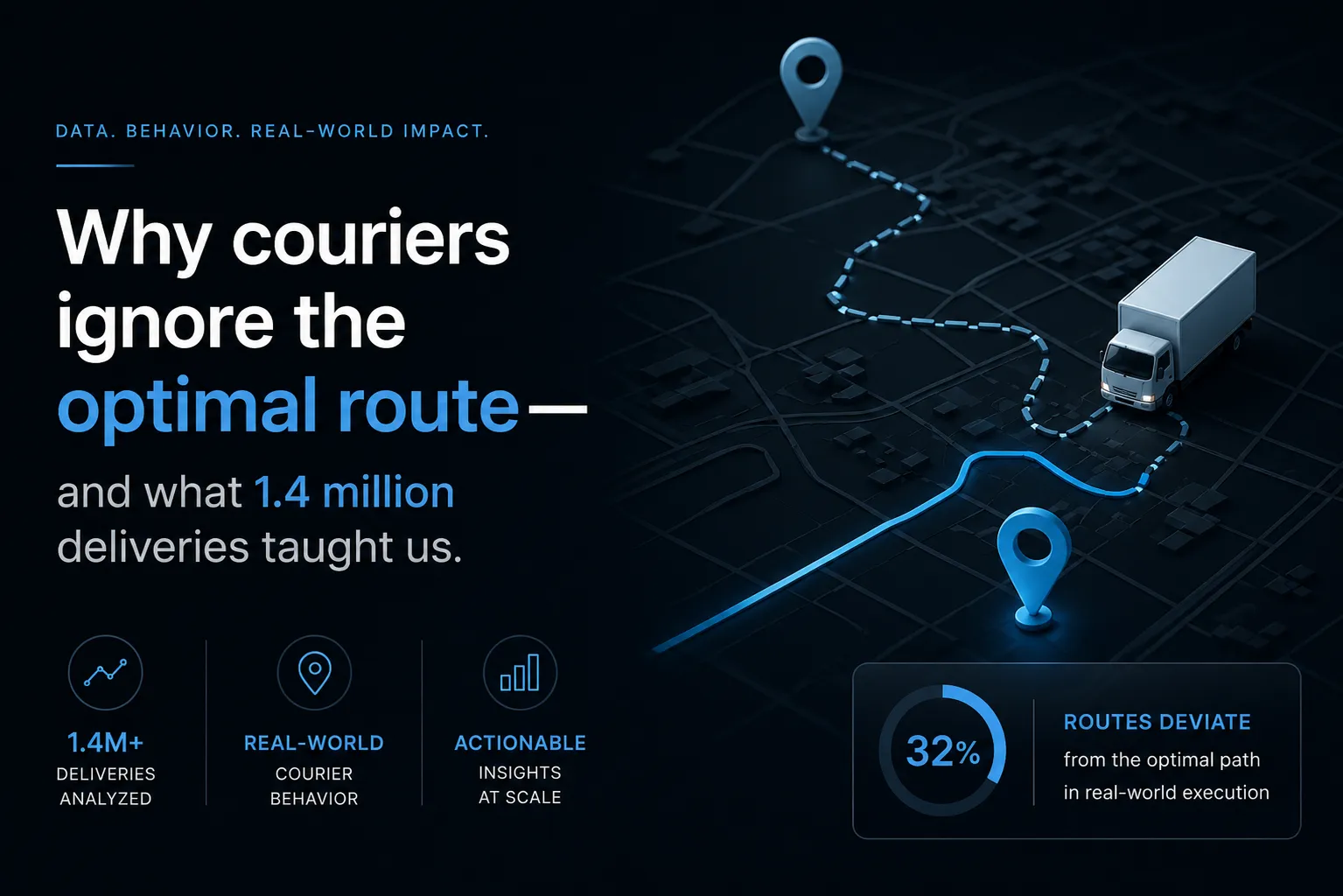 Top-down city map showing two routes between the same pins — a dashed optimal path the engine recommends and a curved actual path the courier drove — with stats on 1.4M deliveries analysed and 32% route deviation.