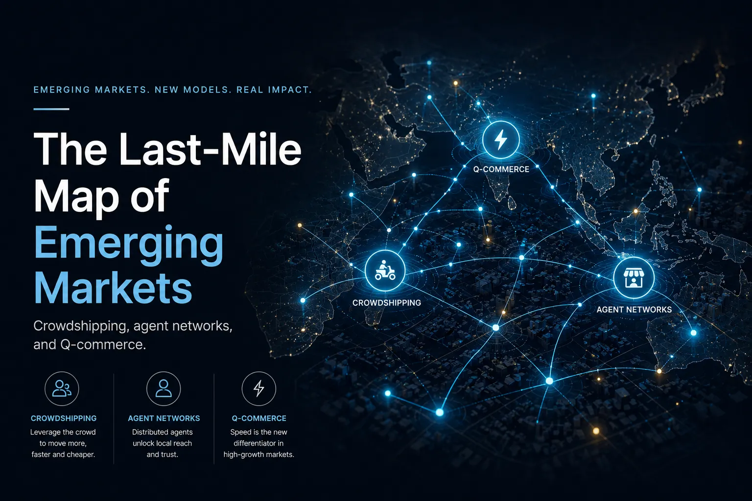 A topographic map of the Arabian Peninsula with delivery nodes labelled for crowdshipping, agent networks, and Q-commerce — the three last-mile models reshaping emerging-market distribution.