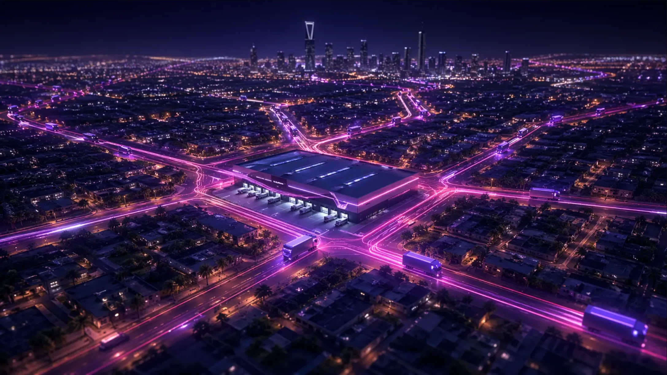 Last mile delivery distribution center with glowing route lines across the city at night