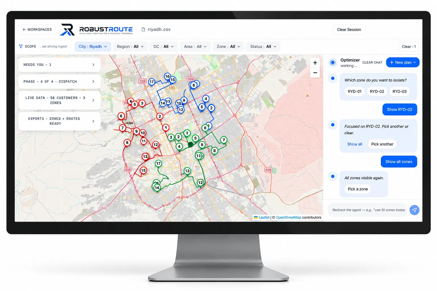 RobustRoute Command Center showing Riyadh with balanced coloured zones, numbered stop sequences on the road network, and an optimizer conversation panel for isolating and reviewing zones