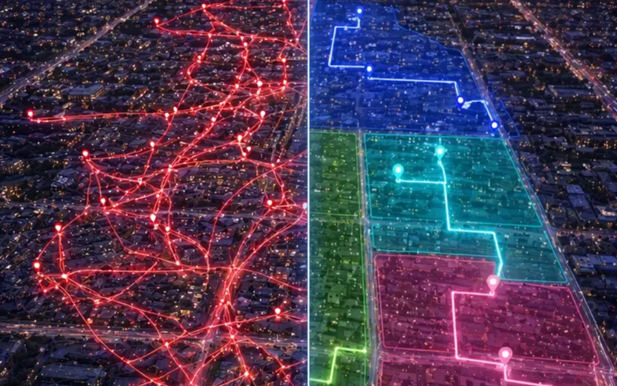 Unoptimized delivery routes contrasted with optimized, evenly balanced zones and their robustness scores
