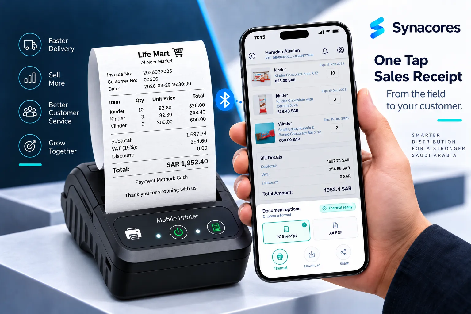 Synacores mobile app connected to a portable thermal printer, printing a receipt in the field