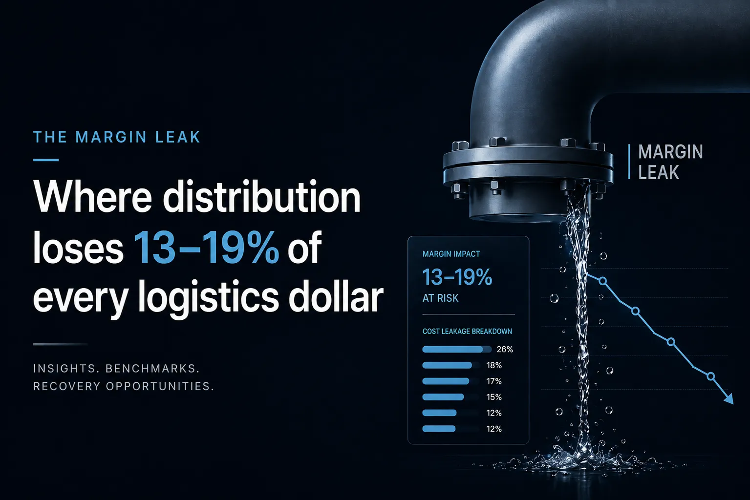A chrome industrial pipe leaking water that becomes a downward chart — visualising the 13–19% of every logistics dollar distribution loses at the seams.