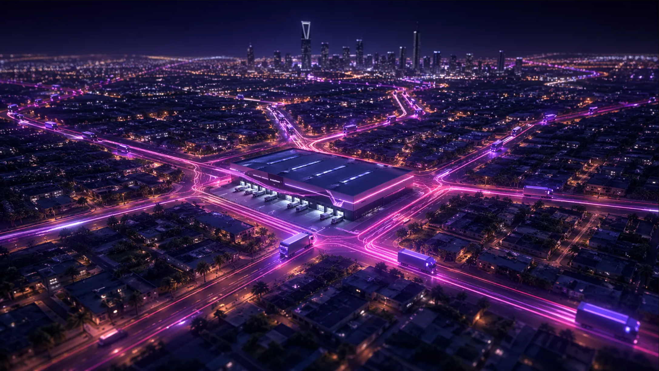Last mile delivery distribution center with glowing route lines across the city at night