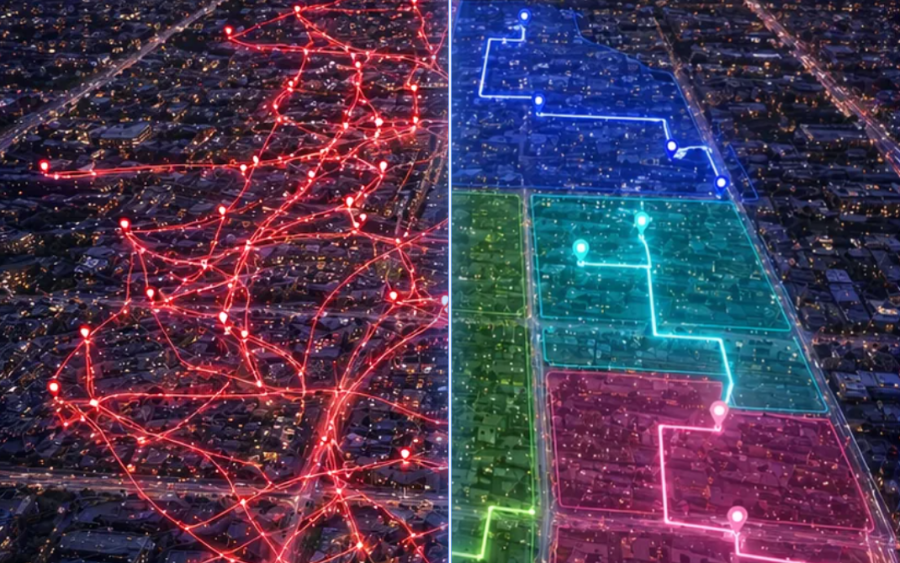 Unoptimized delivery routes contrasted with optimized, evenly balanced zones and their robustness scores
