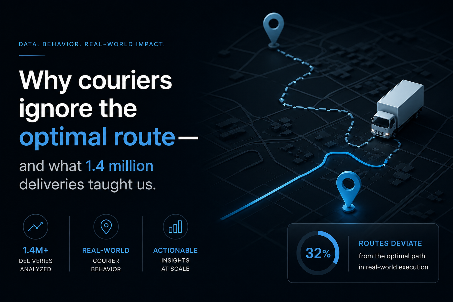 Top-down city map showing two routes between the same pins — a dashed optimal path the engine recommends and a curved actual path the courier drove — with stats on 1.4M deliveries analysed and 32% route deviation.
