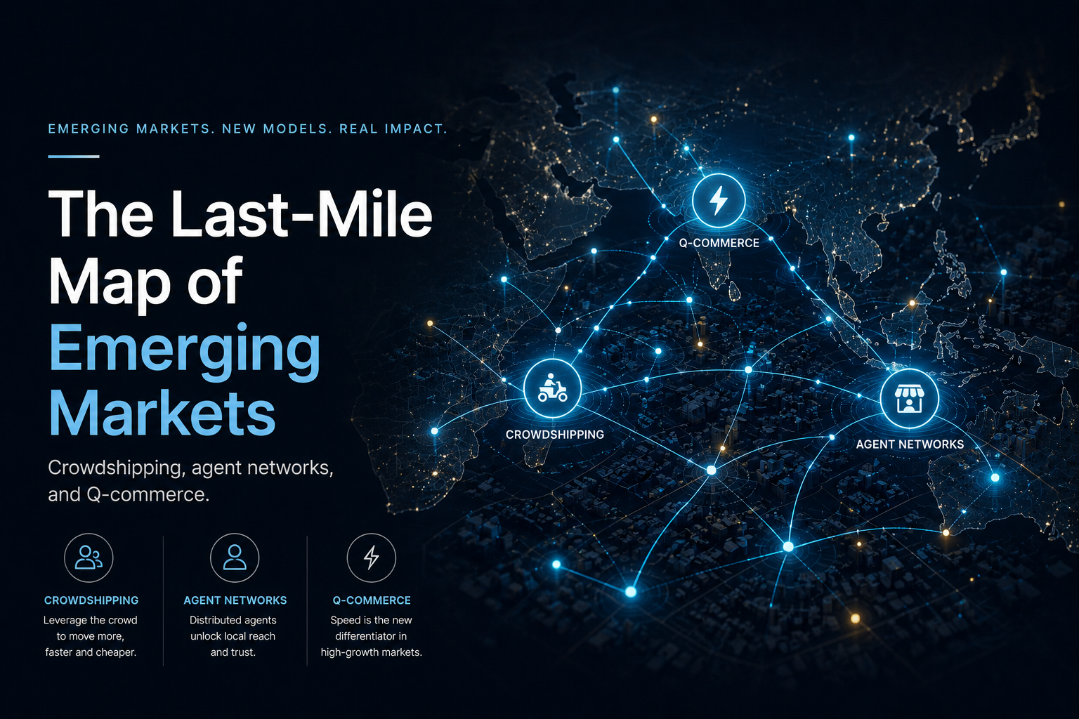 A topographic map of the Arabian Peninsula with delivery nodes labelled for crowdshipping, agent networks, and Q-commerce — the three last-mile models reshaping emerging-market distribution.