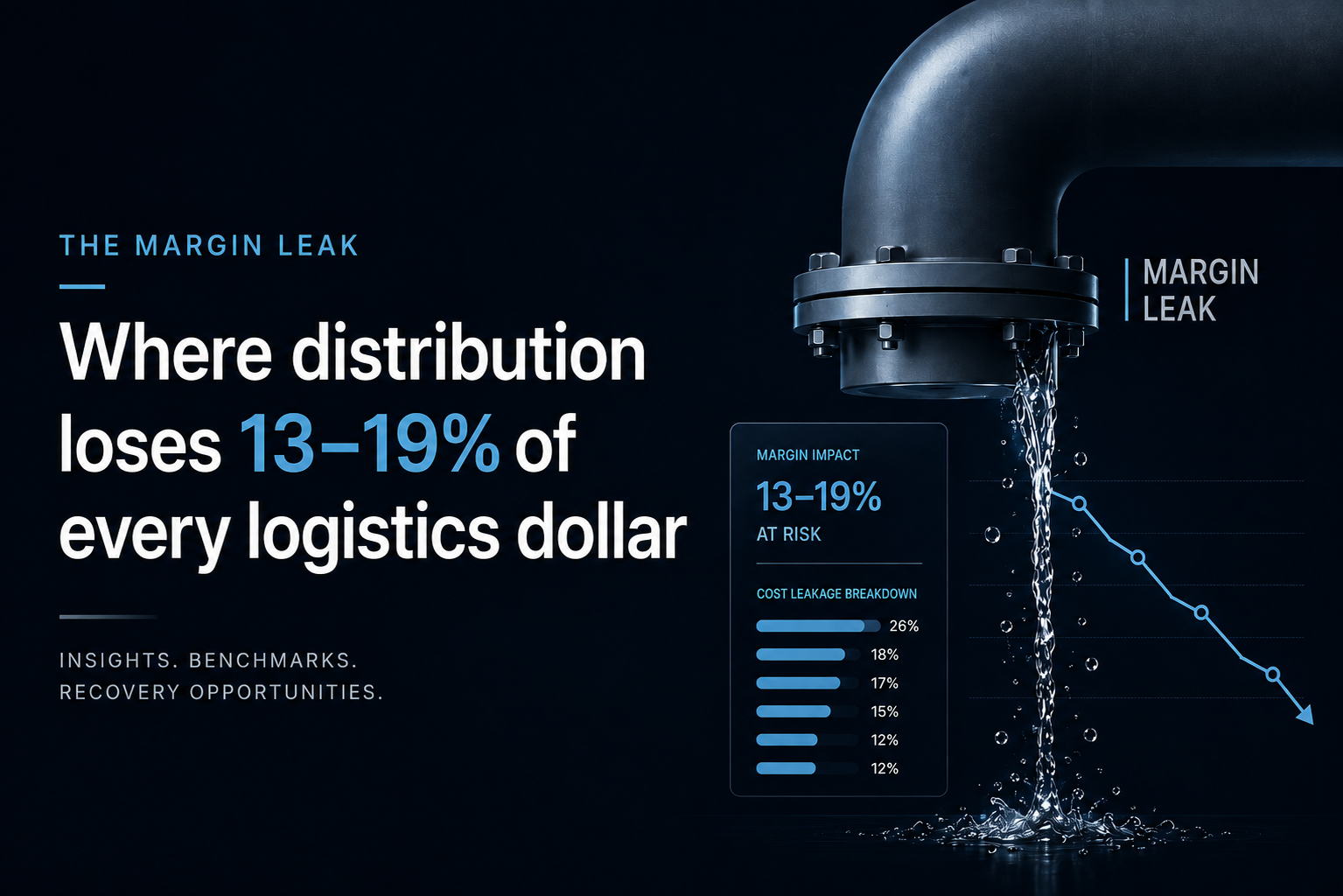 A chrome industrial pipe leaking water that becomes a downward chart — visualising the 13–19% of every logistics dollar distribution loses at the seams.